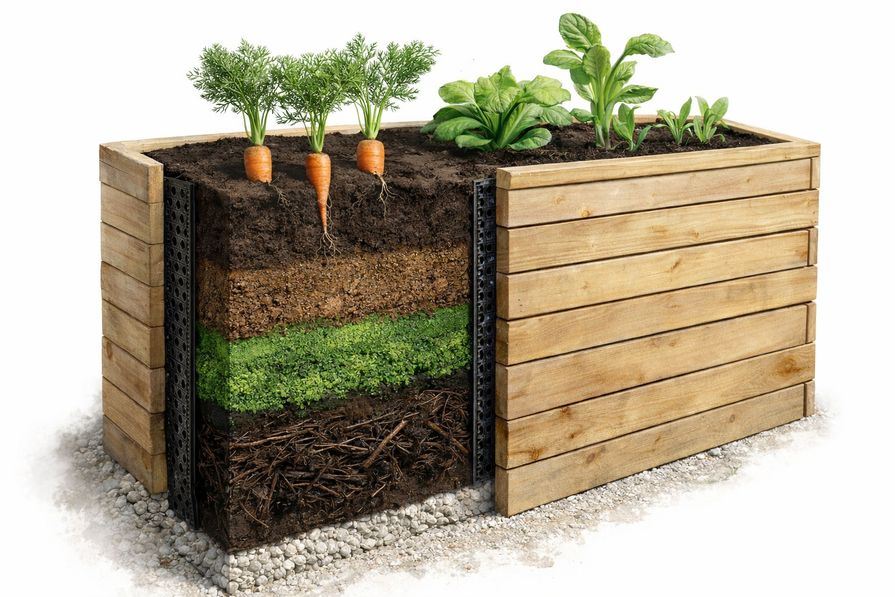 Schéma: systém plněná (vrstev) ve vyvýšeném záhonu se zeleninou.